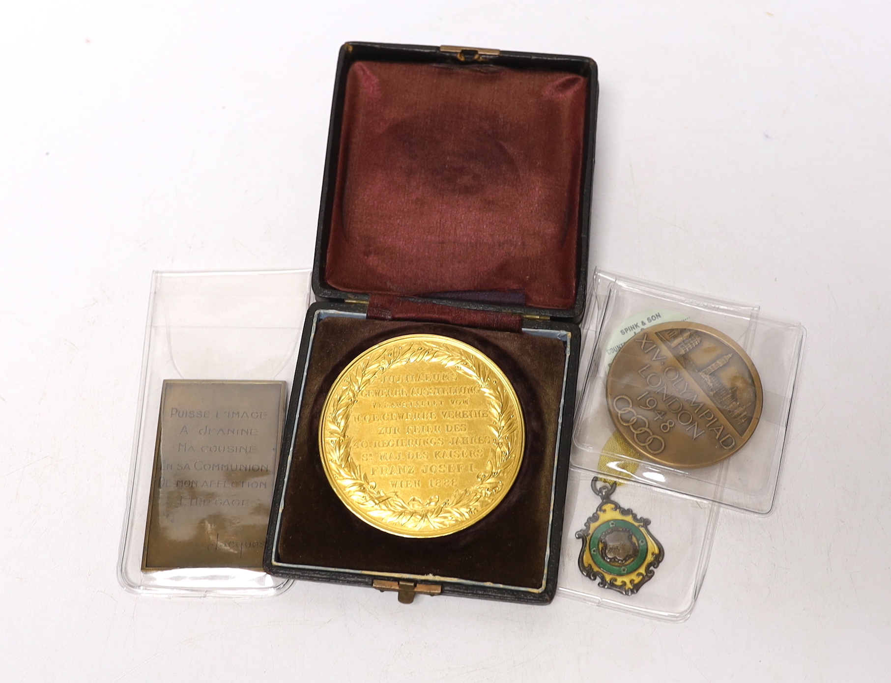 Commemorative medals - XIV Olympiad London 1948 medal, a SWLSFL league Div 1 Winners 1930-31 Glenrosa FC silver and enamel football medal, Marcel Renard plaquette and Austro-Hungary, Emperor Franz Josef I 40th jubilee gi